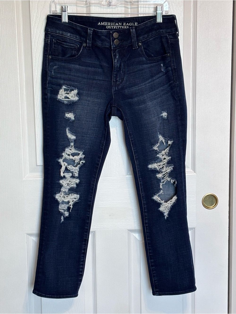 American Eagle Outfitters Dark Wash Blue Denim Distressed Skinny Jeans Size 10